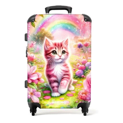 NoBoringSuitcases.com © valigia per bambini valigia da viaggio bagaglio per bambini a 4 ruote, lucchetto tsa (gattino rosa e bianco circondato da fiori rosa), (valigia media 67x43x25 cm)