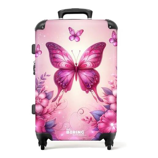 NoBoringSuitcases.com © valigia per bambini valigia da viaggio bagaglio per bambini a 4 ruote, lucchetto tsa (farfalle rosa tra fiori rosa e brillantini), (valigia media 67x43x25 cm)