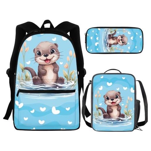 chaqlin set di borse per la scuola per ragazzi e ragazze, set di 3 pezzi con borsa + portapranzo termico + astuccio, cartone animato blue sea lion, zaino per bambini