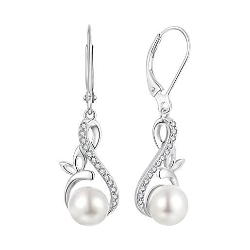 JO WISDOM orecchini infinito a farfalla argento 925 donna con 3a zirconia cubica, orecchini di perle d'acqua dolce da 8 mm per le ragazze delle donne