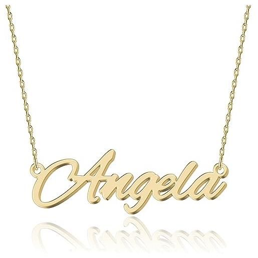 UMAGICBOX collana nome personalizzata in oro 18k angela - pendente personalizzabile inciso in acciaio inox per donne - regalo per compleanni, anniversari, lauree e san valentino