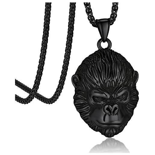 Bandmax orango collana uomo acciaio, nero vintage gorilla collana ragazzo rapper, 55+5 cm regolabile ciondoli per collane uomo, idee regalo natale compleanno san valentino