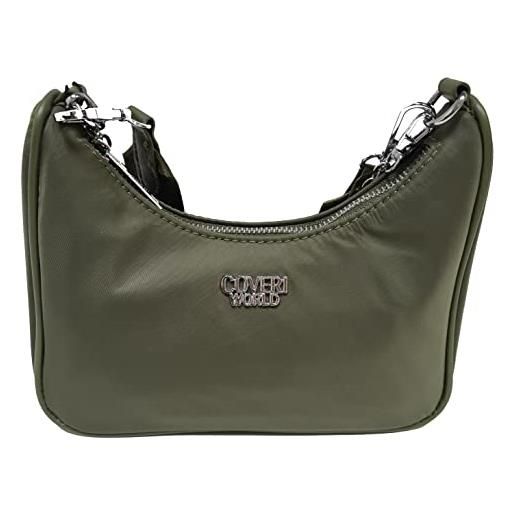COVERI COLLECTION borsa donna tracolla moda con borsellino portatutto borsetta tessuto impermeabile lavabile doppia tracollina regolabile removibile dimensioni: 17 x 22 x 6 cm. Art. 6623 (verde)