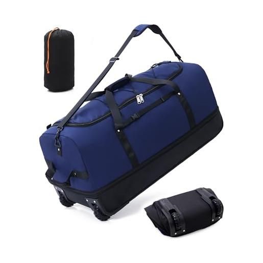 Vomgomfom 32 110l espandibile 140l duffle bag con 2 euote in linea, borsa sportiva pieghevole di grandi dimensioni con maniglie multiple, blu scuro