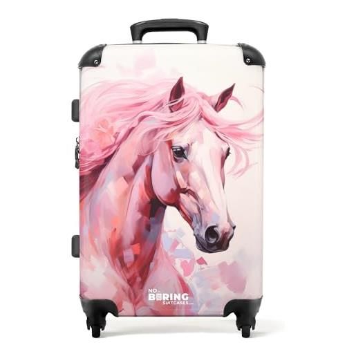 NoBoringSuitcases.com © valigia per bambini valigia da viaggio bagaglio per bambini a 4 ruote, lucchetto tsa (cavallo rosa come illustrazione acquerellata), (valigia media 67x43x25 cm)