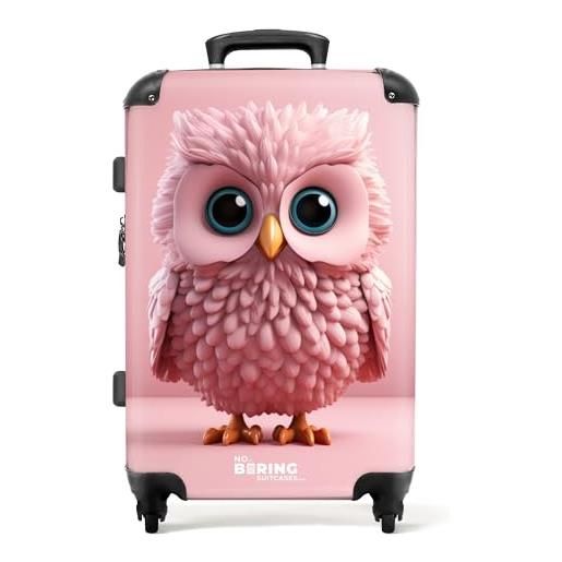 NoBoringSuitcases.com © valigia per bambini valigia da viaggio bagaglio per bambini a 4 ruote, lucchetto tsa (gufetto rosa su sfondo rosa), (valigia media 67x43x25 cm)