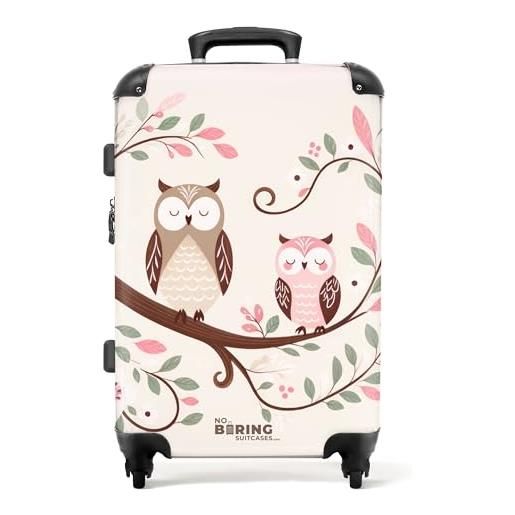 NoBoringSuitcases.com © valigia per bambini valigia da viaggio bagaglio per bambini a 4 ruote, lucchetto tsa (due gufi su un ramo con foglie rosa e verdi), (valigia media 67x43x25 cm)