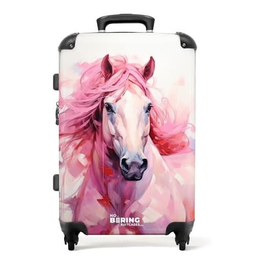 NoBoringSuitcases.com © valigia per bambini valigia da viaggio bagaglio per bambini a 4 ruote, lucchetto tsa (vista frontale di un cavallo rosa in acquerello), (valigia media 67x43x25 cm)