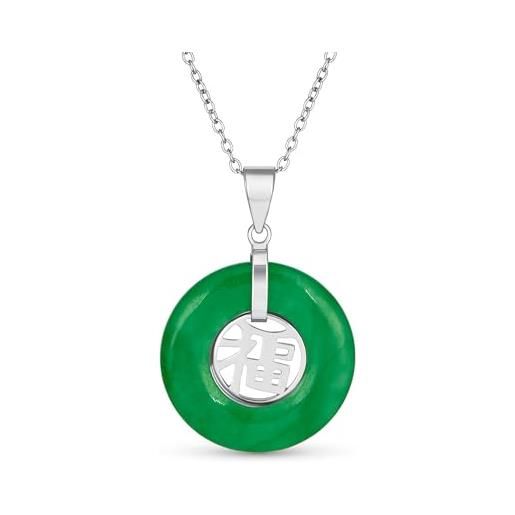 Bling Jewelry stile asiatico cerchio rotondo ciambella buona fortuna fu carattere cinese simbolo tinto verde giada disco collana per le donne. 925 sterling argento