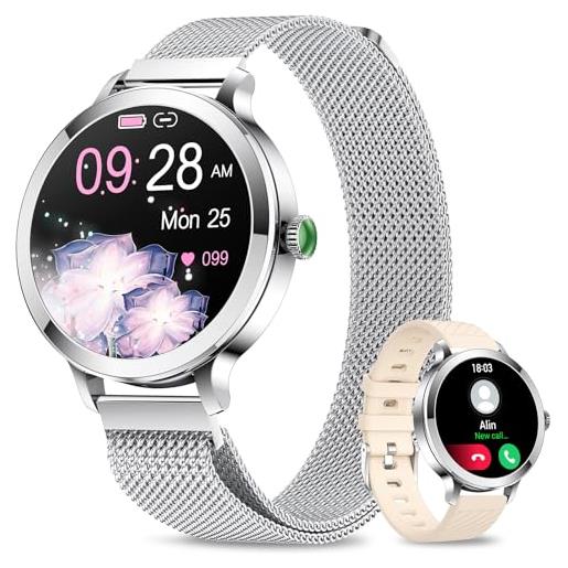 niolina smartwatch donna chiamate bluetooth 5.2, 1.106 amoled piccolo orologio smart watch con 100+ modalità sport, 24 ore cardiofrequenzimetro spo2 sonno fitness trackert per ios android, argento
