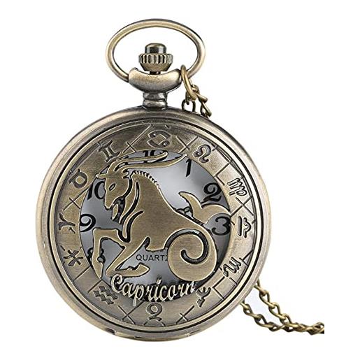 GIPOTIL 12 constellation astrology zodiac retro pocket watch bronze necklace pendant mens women hollow flip cover quartz christmas gifts, capricorn