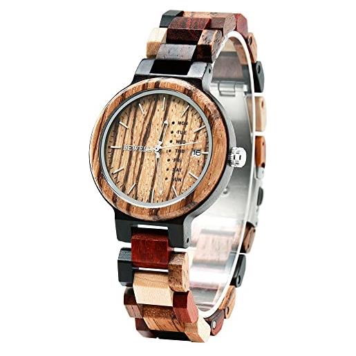 BEWELL orologio legno donna polso, al quarzo analogico con data e settimana colorati orologio da polso per donna