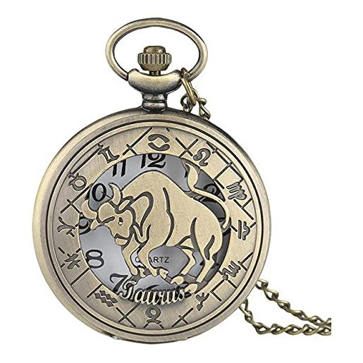 GIPOTIL 12 constellation astrology zodiac retro pocket watch bronze necklace pendant mens women hollow flip cover quartz christmas gifts, taurus