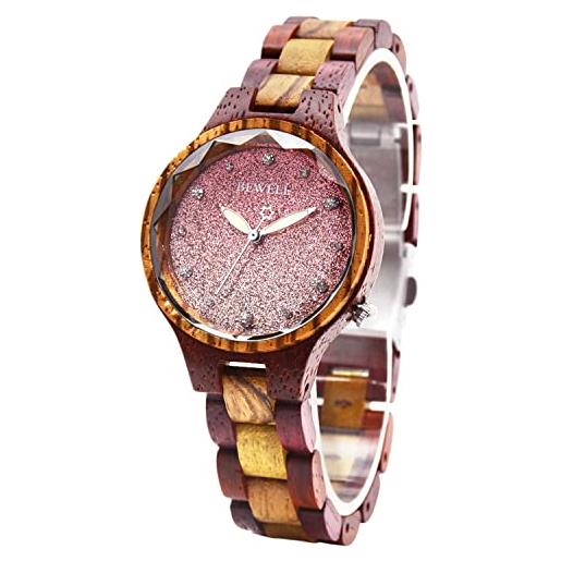 BEWELL orologio in legno donna, orologio da polso da donna artigianale con quadrante rosa con cielo stellato e bracciale in legno