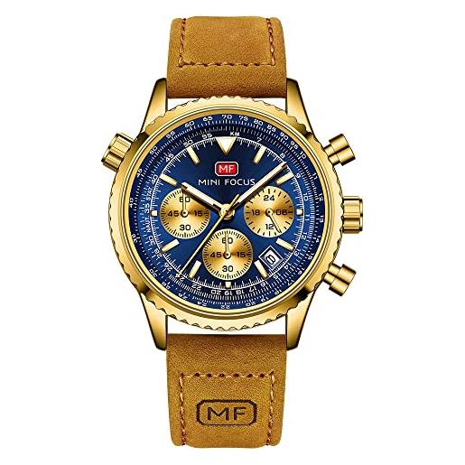 MF MINI FOCUS orologio casual in pelle per uomo alla moda orologi al quarzo impermeabili classico orologio da polso cronografo vintage, oro blu