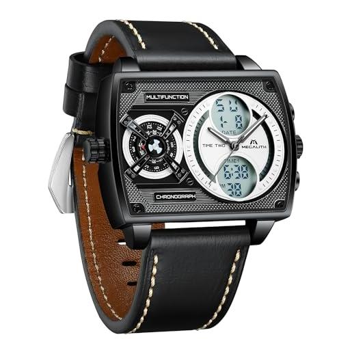 MEGALITH orologio uomo grande digitale: moda quarzo rettangolare quadrante disegno zona multi-tempo - digitale analogico impermeabile orologi da polso pelle nero