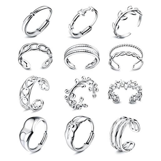 JeryWe 12 pezzi anelli acciaio inossidabile donna gioielli estetici in argento impilabili tendenza anelli con nocche e pollice indie misura 6-9 set di anelli aperti regolabili（stile1）