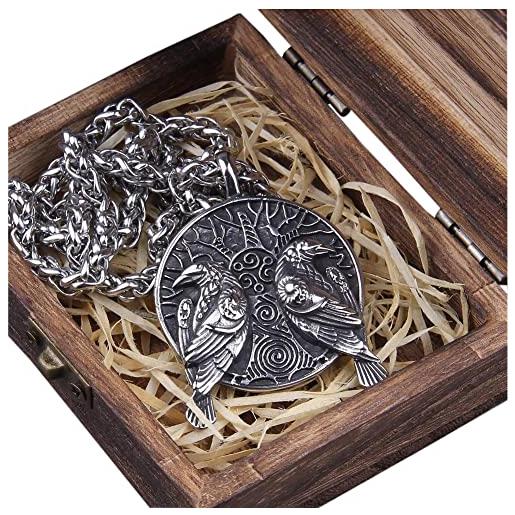 ZFSBRTL collana con ciondolo corvo vichingo odin, collana da uomo in argento con mitologia norrena, amuleto, runa, gioielli celtici, catena 60 cm scatola di legno