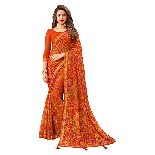 SIRIL donna floreale stampato chiffon sari con camicetta, arancione & multi, 5.5m