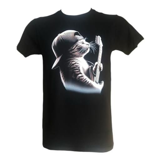 Generico t-shirt maglia nera gatto che suona la chitarra rock stampata direttamente su tessuto taglie da uomo idea regalo (s)