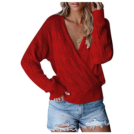 Ausla maglia da donna con scollo a v profondo, manica lunga, maglione casual allentato, maglione incrociato, pullover, pullover(xl-rosso)
