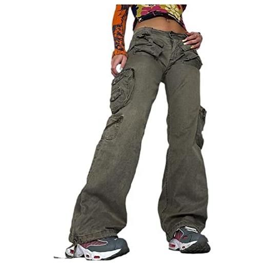 HanzhuoLG jeans cargo multitasche da donna pantaloni in denim a gamba larga con tasche 3d vintage invecchiati in tinta unita grigio l