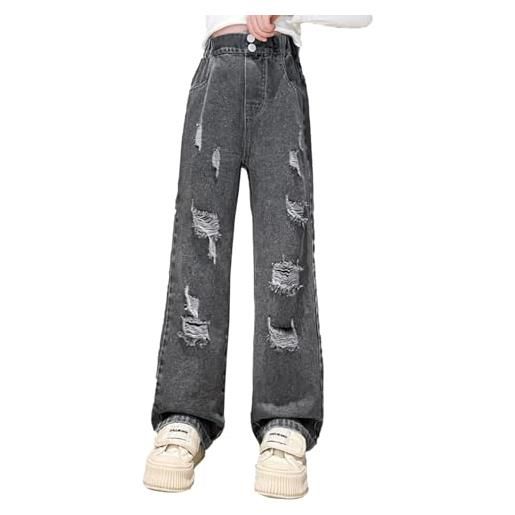 Generic jeans da ragazza, elasticizzati, pantaloni lunghi in denim, con gamba larga, a vita alta, y2k, jeans baggy per ragazze e ragazze, b, 146-152 cm