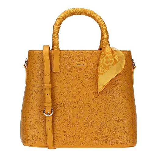 THUN, borsa prestige con tracolla in colore giallo decorata con icone thun in embossed, poliestere, linea borbonese, 33x28x13.5 cm, lunghezza massima tracolla 128 cm