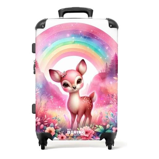 NoBoringSuitcases.com © valigia per bambini valigia da viaggio bagaglio per bambini a 4 ruote, lucchetto tsa (cerbiatto in un mondo delle favole rosa con arcobaleno), (valigia media 67x43x25 cm)