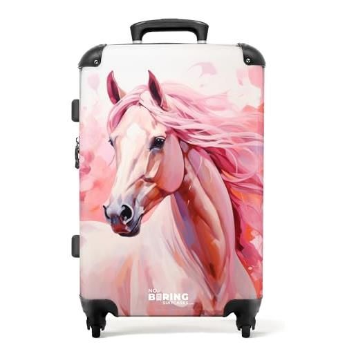 NoBoringSuitcases.com © valigia per bambini valigia da viaggio bagaglio per bambini a 4 ruote, lucchetto tsa (illustrazione di un cavallo rosa chiaro), (valigia media 67x43x25 cm)