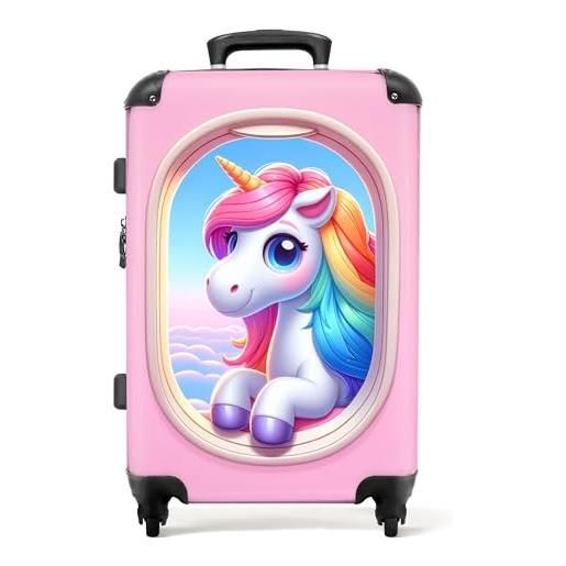 NoBoringSuitcases.com © valigia per bambini valigia da viaggio bagaglio per bambini a 4 ruote, lucchetto tsa (unicorno bianco alla finestra rosa dell'aereo), (valigia media 67x43x25 cm)