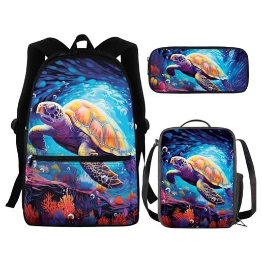 chaqlin set di borse per la scuola per ragazzi e ragazze, set di 3 pezzi con borsa + portapranzo termico + astuccio, tartaruga marina blu oceano, zaino per bambini
