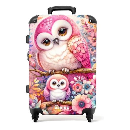 NoBoringSuitcases.com © valigia per bambini valigia da viaggio bagaglio per bambini a 4 ruote, lucchetto tsa (due gufi rosa circondati da fiori colorati), (valigia media 67x43x25 cm)