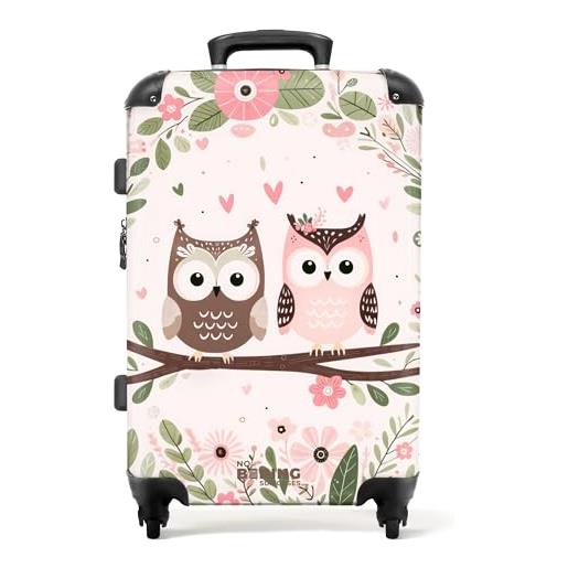 NoBoringSuitcases.com © valigia per bambini valigia da viaggio bagaglio per bambini a 4 ruote, lucchetto tsa (gufi rosa e marrone seduti insieme su un ramo), (valigia media 67x43x25 cm)