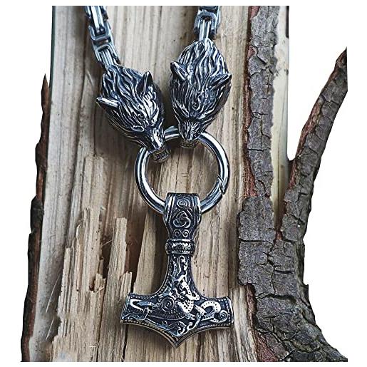 ZFSBRTL gioielli vichinghi da uomo | collana del martello di thor | pendente mjolnir testa di lupo | accessori per rune mitologia norrena | amuleto medievale d'epoca, 60cm