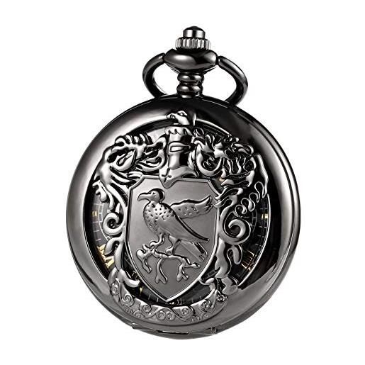 TREEWETO orologio da taschino meccanico unisex con doppia copertura a forma di scheletro steampunk, per uomo e donna, con catena e confezione regalo, nero