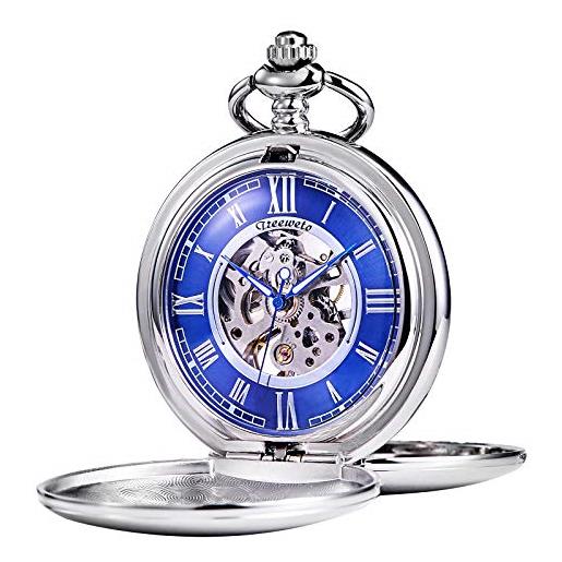 TREEWETO orologio da tasca - serie liscia doppia cassa scheletro quadrante blu movimento meccanico con catena, argento/oro, argento, classico