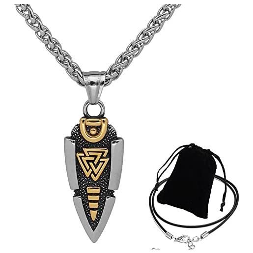 ZFSBRTL collana con amuleto punta di freccia con pendente lancia, mitologia norrena rune valknut in acciaio inossidabile gioielli vichinghi modello doppia faccia catena 60 cm