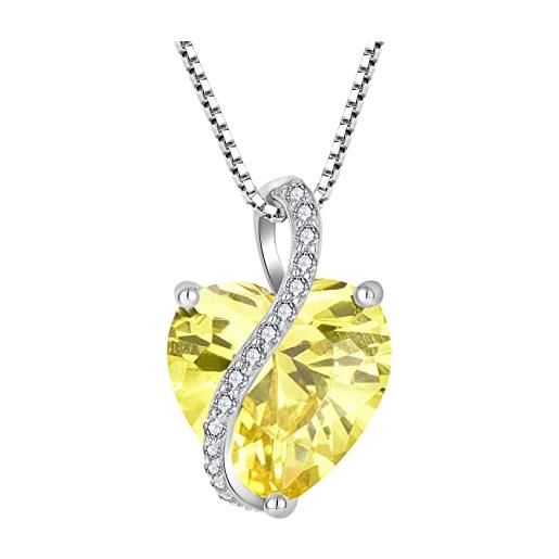 YL collana cuore in argento 925 con ciondolo da donna con pietra portafortuna gialla di novembre citrino, lunghezza della catena 45+3 cm