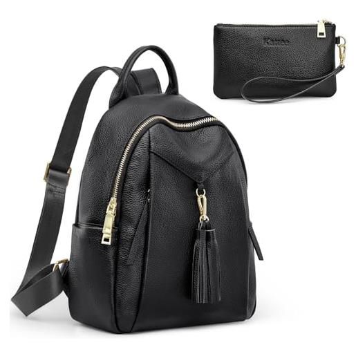 Kattee zaino in vera pelle borse per le donne morbido casual daypack moda borse da viaggio con portafoglio da polso, nero, zaini daypack