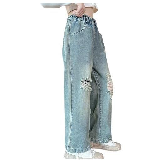 Generic jeans da ragazza per adolescenti, pantaloni cargo baggy, pantaloni dritti, jeans in denim, elastico in vita, gamba larga, jeans y2k, jeans per ragazze e adolescenti, a, 146-152 cm