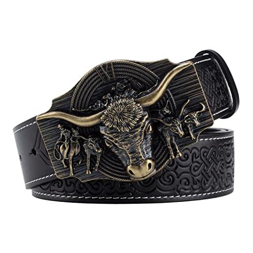 YJSG cinture da uomo, cinture in denim modello testa di toro 3d testa con fibbia cinture a testa larga regali di natale, nero, 125cm/49.2''