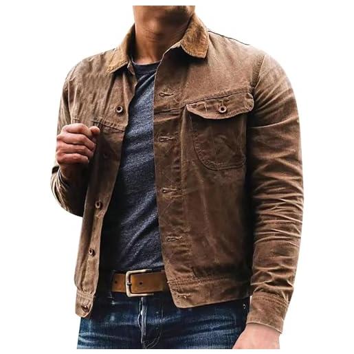 Yeooa giacca di jeans da uomo giacca leggera giacca antivento da esterno camicia da lavoro con bottoni bavero giacca casual lavata slim fit vintage (marrone, m)