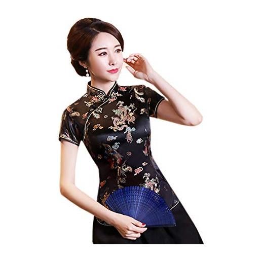 YLfly top qipao cinese tang suit manica corta con colletto stand, nero , m