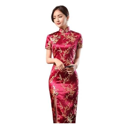 KATIAK abito da sera qipao cheongsam cinese a maniche corte con fiore di prugno da donna, abito lungo tradizionale con spacco aderente e collo alla coreana tradizionale abito hanfu slim fit, rosso scu