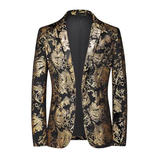 Darringls giubbotto con motivo floreale da uomo, slim fit, jacquard, giacche da sposa, classico blazer monopetto con bottone, gold, xl