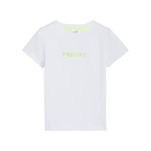 FREDDY - t-shirt da bambina con logo fluo decorato da strass, girl, bianco, 8 anni