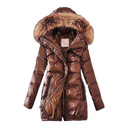 LvRao piumini lunghi per donna - cappotto con cappuccio - giubbotti di pelliccia ecologica - piumino leggero per invernale (caffè, asia s)