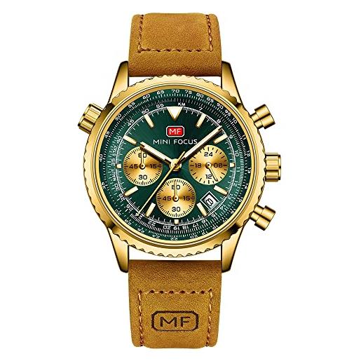 MF MINI FOCUS orologio casual in pelle per uomo alla moda orologi al quarzo impermeabili classico orologio da polso cronografo vintage, colore: verde oro. 