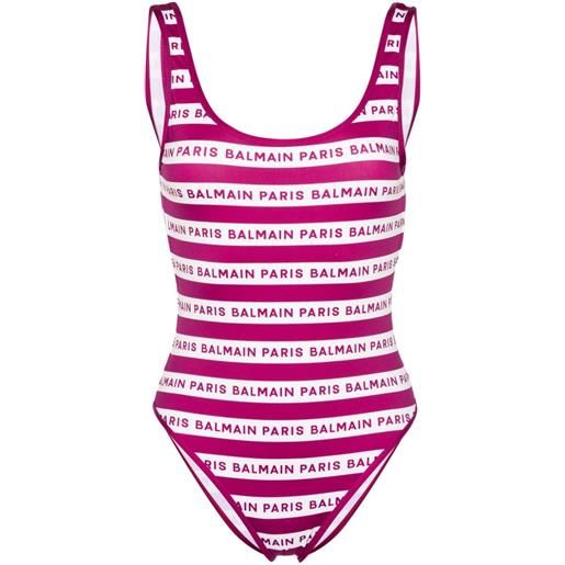 Balmain logo-print striped swimsuit - viola